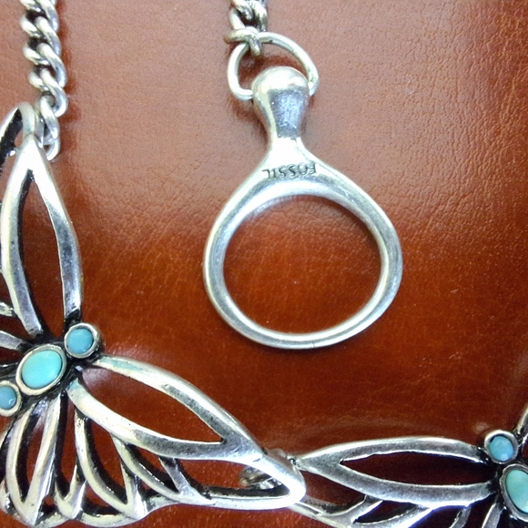 Fossil Silver Butterfly Necklace with Turquoise Accents - Picture 2 of 4
